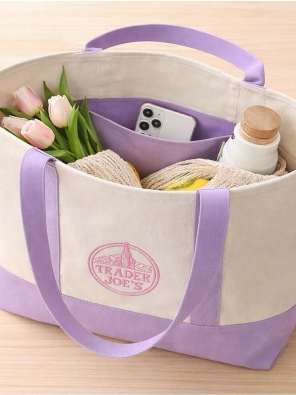 Trader Joe's Lavender Canvas
Tote Large Reusable Shopper
Beach Bag with  Pockets